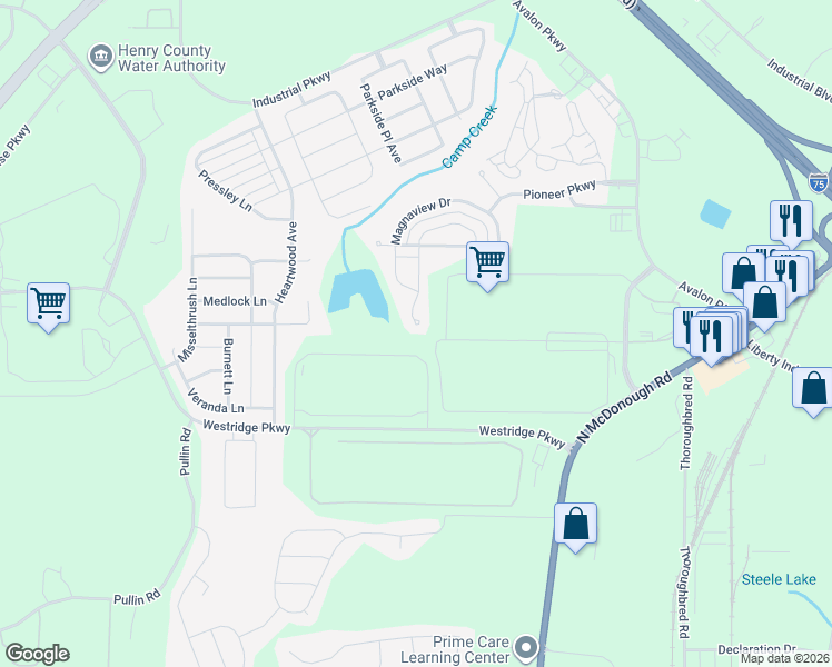 map of restaurants, bars, coffee shops, grocery stores, and more near 784 Galveston Way in McDonough