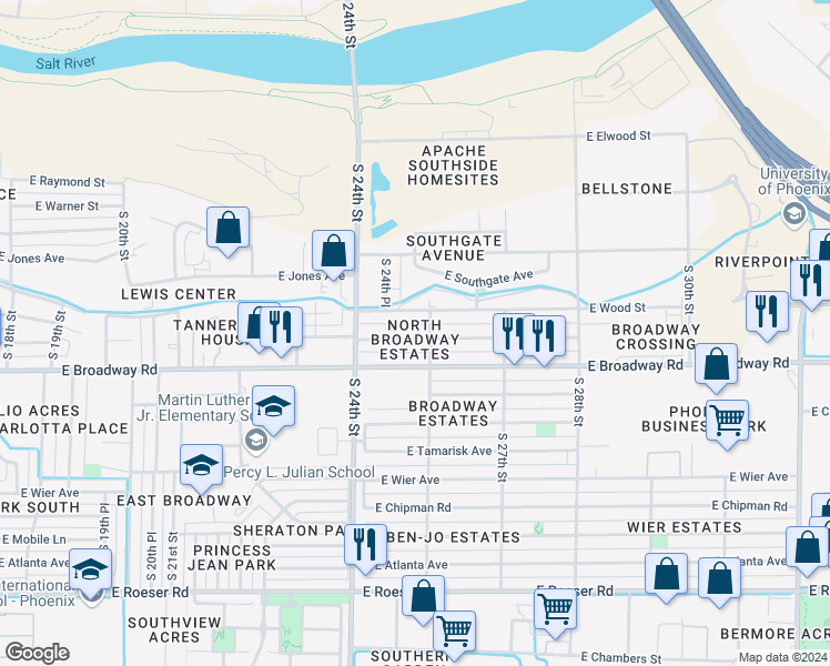 map of restaurants, bars, coffee shops, grocery stores, and more near 2452 East Pueblo Avenue in Phoenix