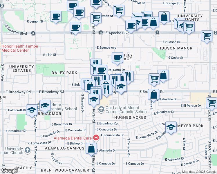 map of restaurants, bars, coffee shops, grocery stores, and more near 1000 East Broadway Road in Tempe
