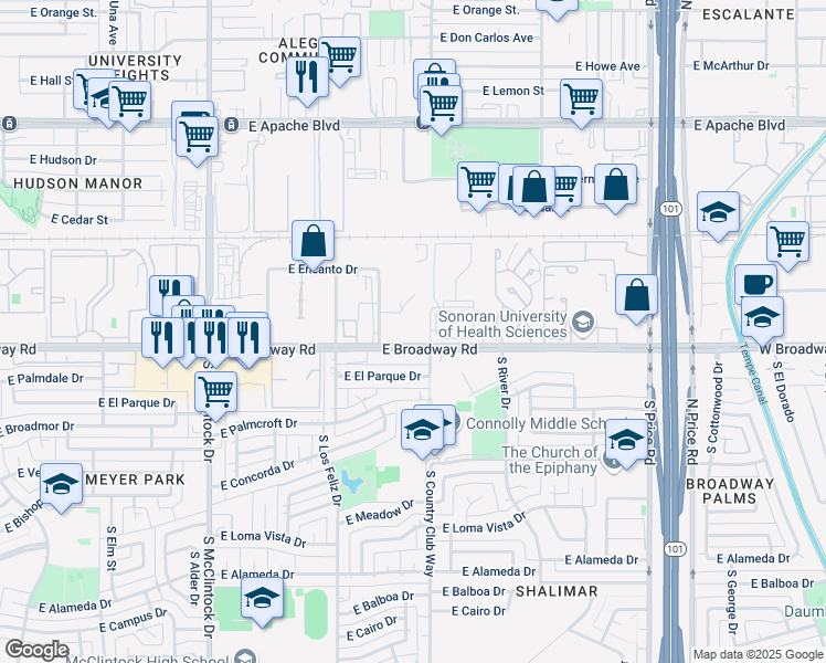 map of restaurants, bars, coffee shops, grocery stores, and more near 1980 East Broadway Road in Tempe
