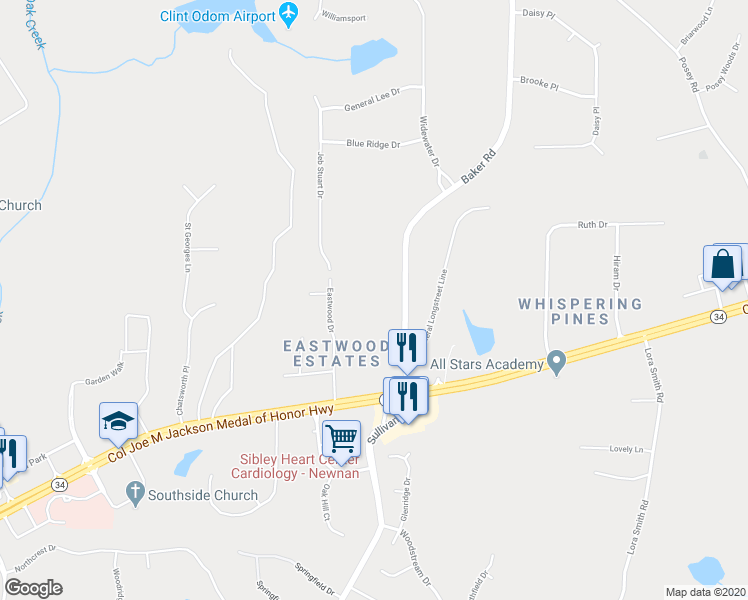 map of restaurants, bars, coffee shops, grocery stores, and more near 112 Baker Road in Newnan