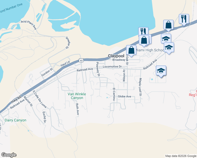 map of restaurants, bars, coffee shops, grocery stores, and more near 4165 East Copper Street in Claypool