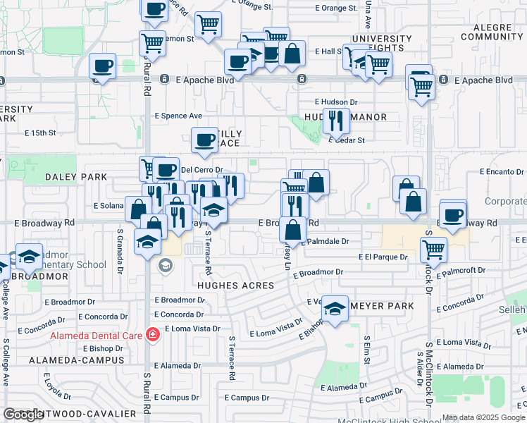 map of restaurants, bars, coffee shops, grocery stores, and more near 1232 East Broadway Road in Tempe