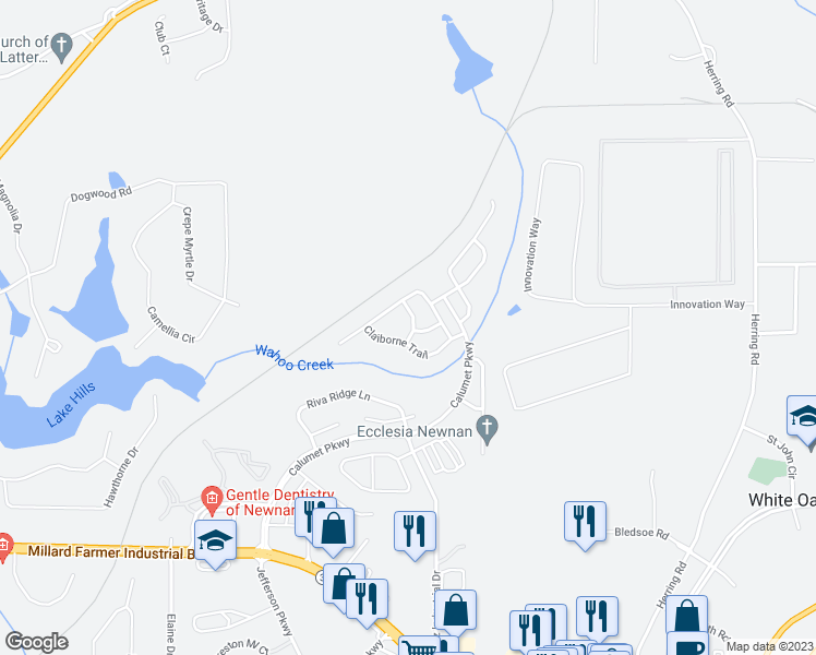 map of restaurants, bars, coffee shops, grocery stores, and more near 7 Preakness Place in Newnan