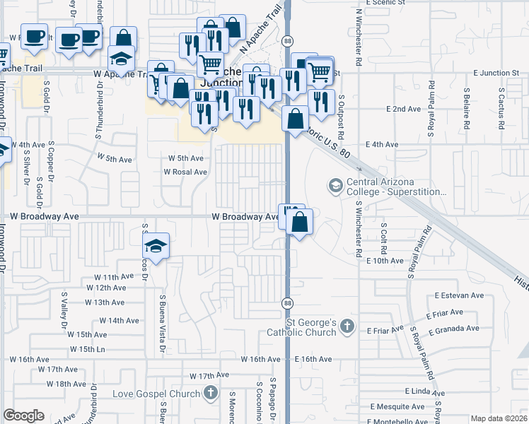 map of restaurants, bars, coffee shops, grocery stores, and more near 401 4th Avenue in Apache Junction