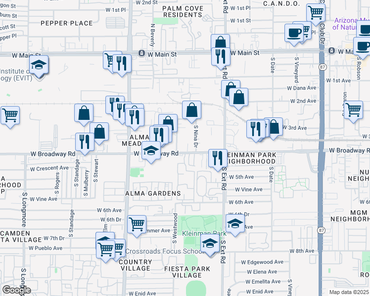 map of restaurants, bars, coffee shops, grocery stores, and more near 945 West Broadway Road in Mesa