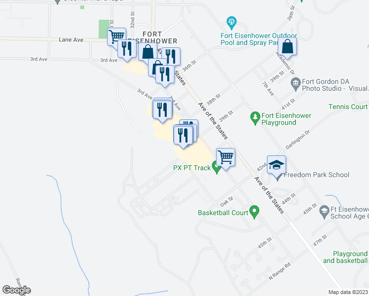 map of restaurants, bars, coffee shops, grocery stores, and more near 35202 3rd Avenue in Augusta