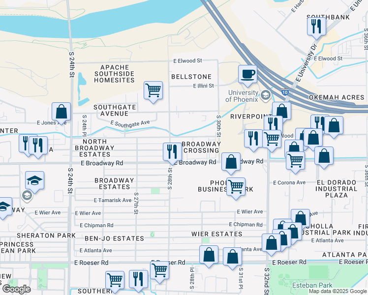 map of restaurants, bars, coffee shops, grocery stores, and more near 2825 East Pueblo Avenue in Phoenix