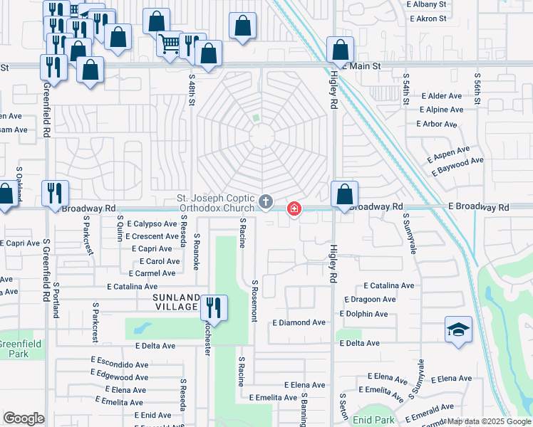 map of restaurants, bars, coffee shops, grocery stores, and more near 5013 East Broadway Road in Mesa