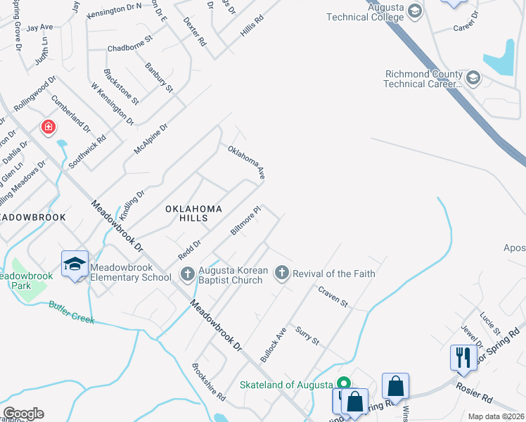 map of restaurants, bars, coffee shops, grocery stores, and more near 3508 Biltmore Place in Augusta