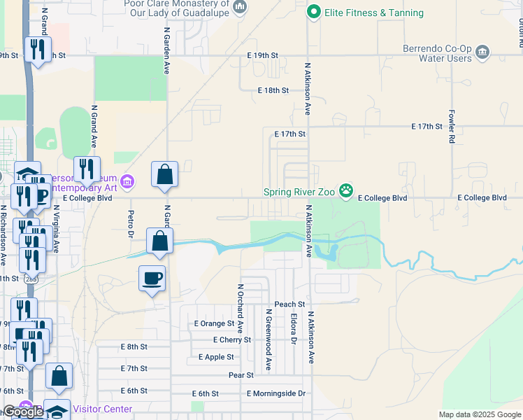 map of restaurants, bars, coffee shops, grocery stores, and more near 1100-1198 E College Blvd in Roswell