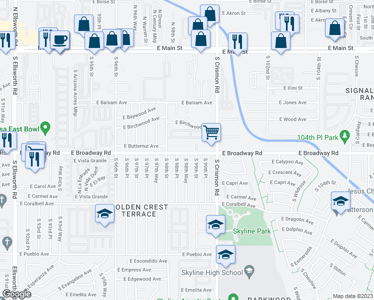 map of restaurants, bars, coffee shops, grocery stores, and more near 9860 East Broadway Road in Mesa