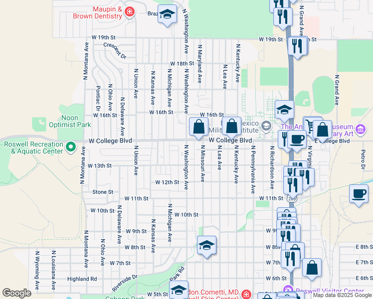 map of restaurants, bars, coffee shops, grocery stores, and more near 1400 North Washington Avenue in Roswell