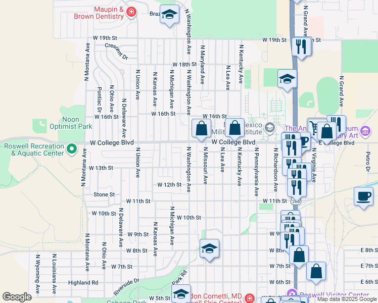 map of restaurants, bars, coffee shops, grocery stores, and more near 1400 North Washington Avenue in Roswell