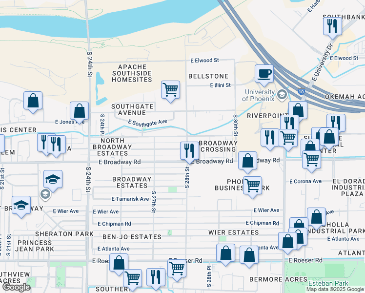 map of restaurants, bars, coffee shops, grocery stores, and more near 2748 East Pueblo Avenue in Phoenix