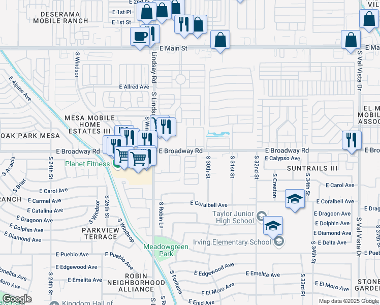 map of restaurants, bars, coffee shops, grocery stores, and more near 2885 East Broadway Road in Mesa