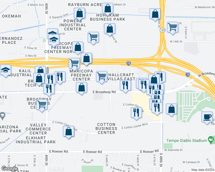 map of restaurants, bars, coffee shops, grocery stores, and more near 4420 East Pueblo Avenue in Phoenix