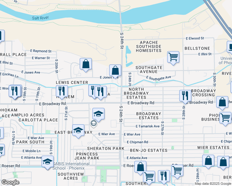 map of restaurants, bars, coffee shops, grocery stores, and more near 2334 East Pueblo Avenue in Phoenix