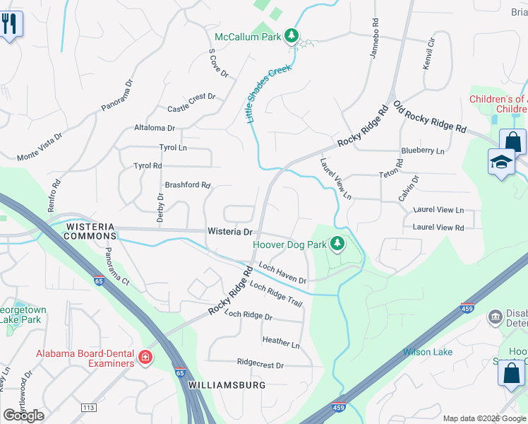 map of restaurants, bars, coffee shops, grocery stores, and more near 2305 County Road 113 in Hoover