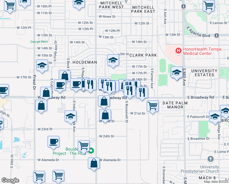 map of restaurants, bars, coffee shops, grocery stores, and more near 647 West 19th Street in Tempe