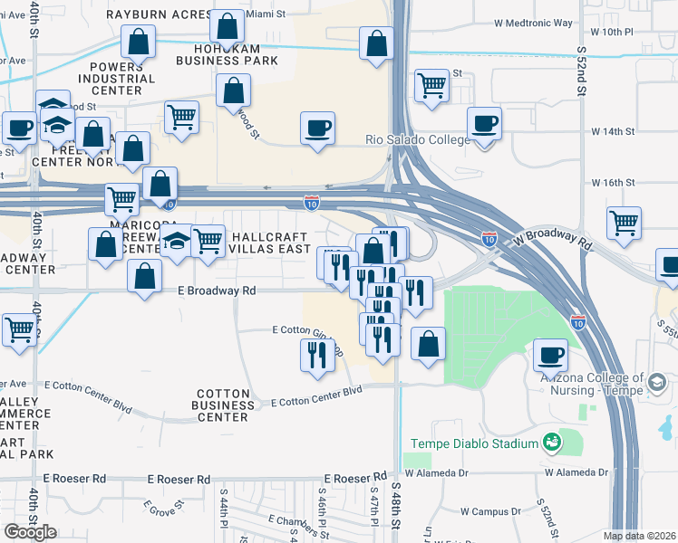 map of restaurants, bars, coffee shops, grocery stores, and more near 4630 East Pueblo Avenue in Phoenix