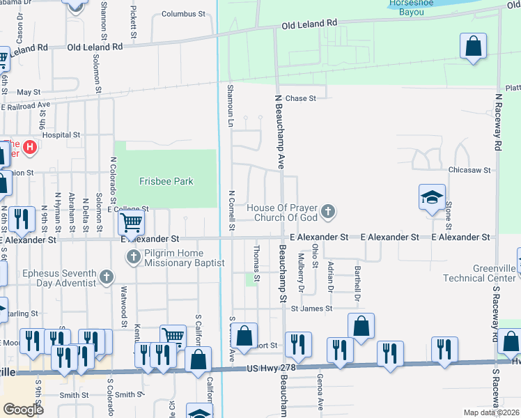 map of restaurants, bars, coffee shops, grocery stores, and more near 303 Shackelford Drive in Greenville