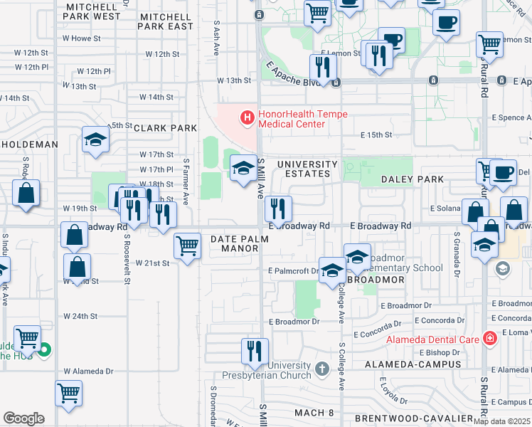 map of restaurants, bars, coffee shops, grocery stores, and more near 64 East Broadway Road in Tempe