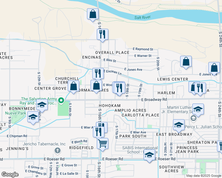 map of restaurants, bars, coffee shops, grocery stores, and more near 1627 East Wood Street in Phoenix