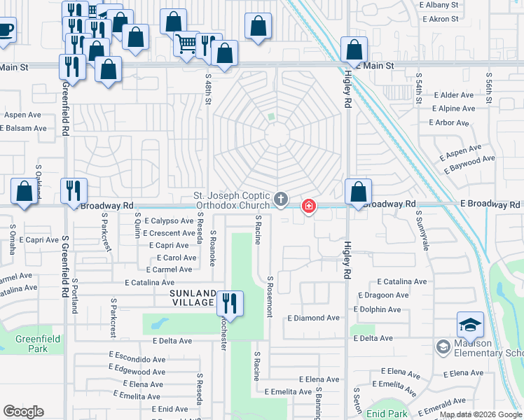 map of restaurants, bars, coffee shops, grocery stores, and more near 4932 East Calypso Avenue in Mesa