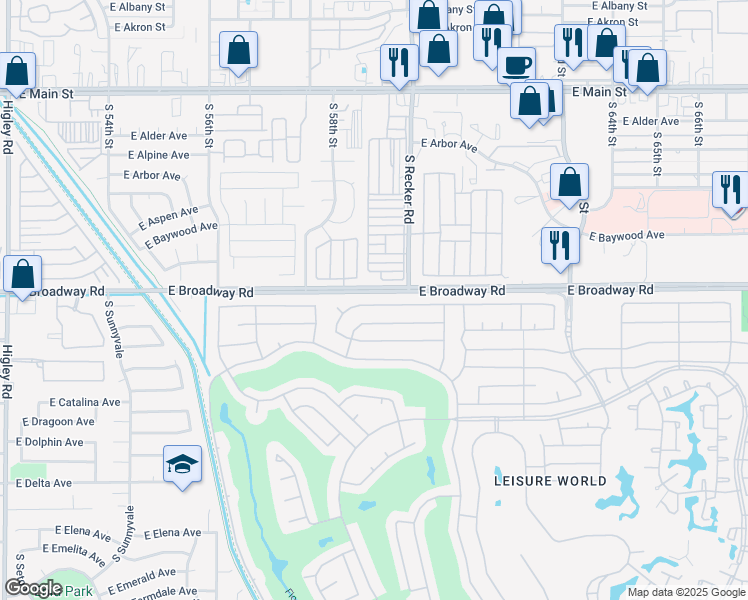 map of restaurants, bars, coffee shops, grocery stores, and more near 1847 Leisure World in Mesa