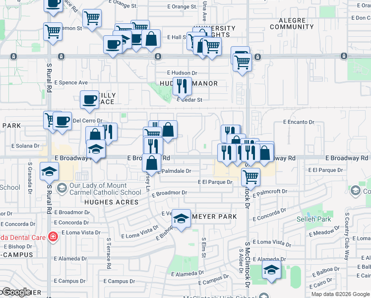 map of restaurants, bars, coffee shops, grocery stores, and more near 1500 East Broadway Road in Tempe