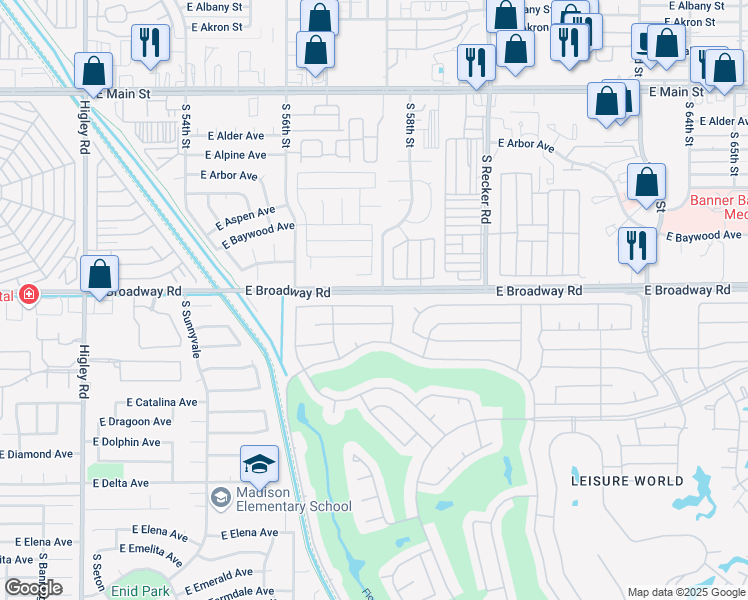 map of restaurants, bars, coffee shops, grocery stores, and more near 2136 Leisure World in Mesa