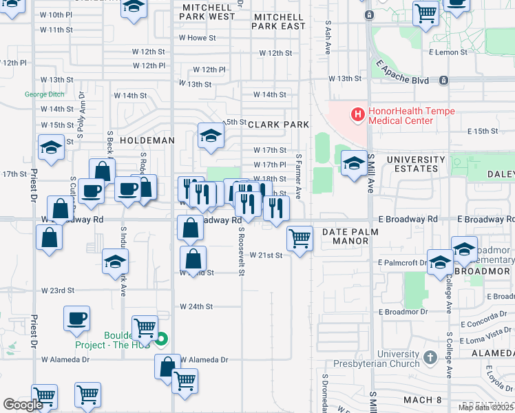 map of restaurants, bars, coffee shops, grocery stores, and more near 500 West Broadway Road in Tempe