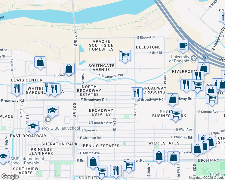 map of restaurants, bars, coffee shops, grocery stores, and more near 2640 East Pueblo Avenue in Phoenix
