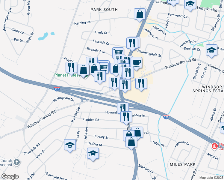 map of restaurants, bars, coffee shops, grocery stores, and more near 2115 Windsor Spring Road in Augusta