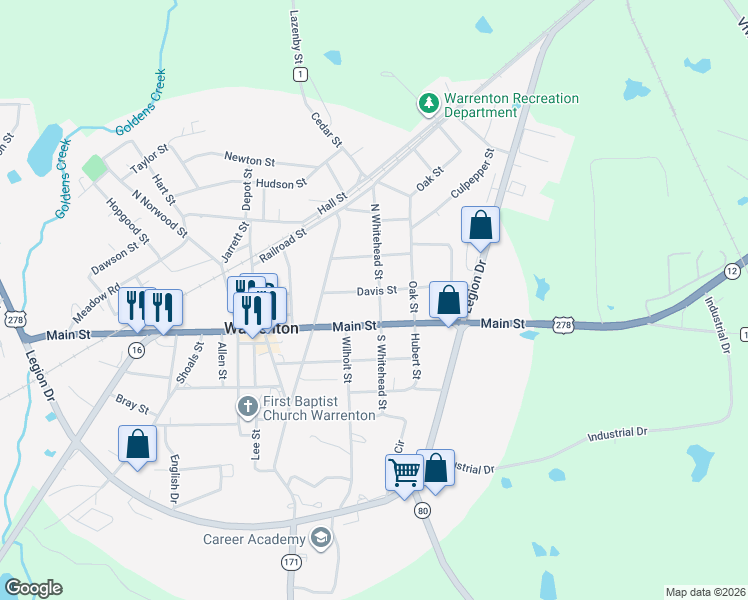 map of restaurants, bars, coffee shops, grocery stores, and more near 59 North Whitehead Street in Warrenton