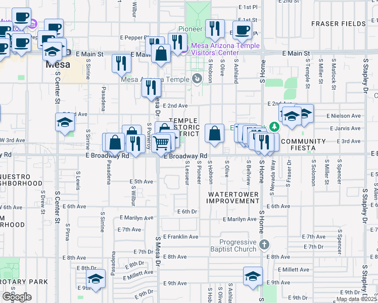 map of restaurants, bars, coffee shops, grocery stores, and more near 355 South Lesueur in Mesa
