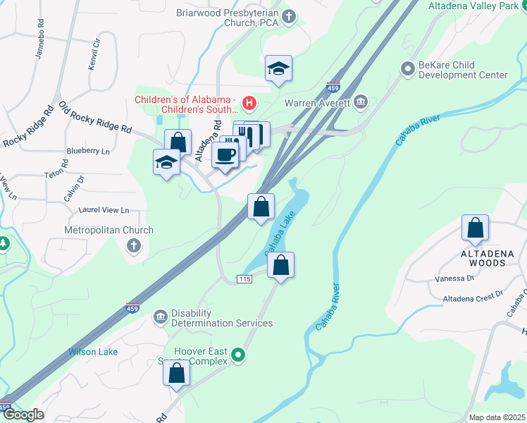 map of restaurants, bars, coffee shops, grocery stores, and more near 1900 International Park Drive in Birmingham