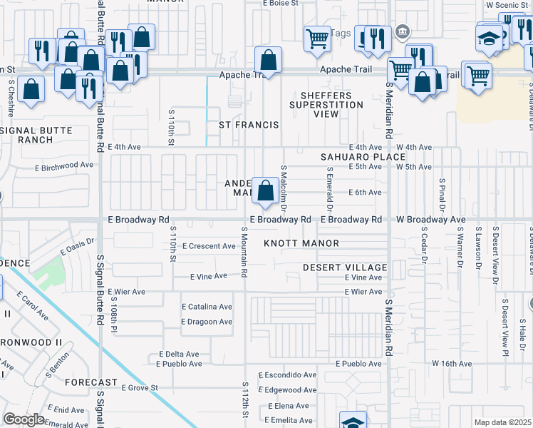 map of restaurants, bars, coffee shops, grocery stores, and more near 343 South Elmont Drive in Apache Junction