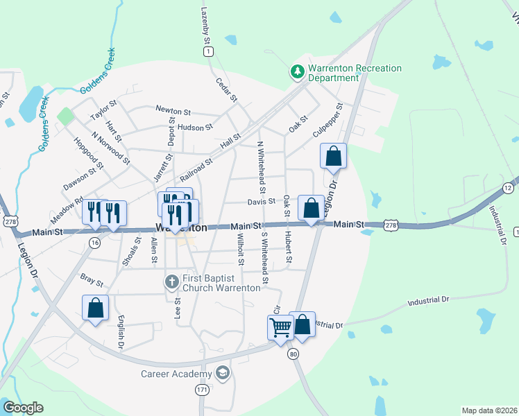 map of restaurants, bars, coffee shops, grocery stores, and more near 59 North Whitehead Street in Warrenton