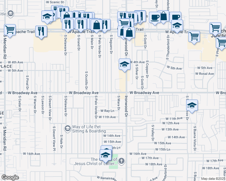 map of restaurants, bars, coffee shops, grocery stores, and more near 783 South Saguaro Drive in Apache Junction
