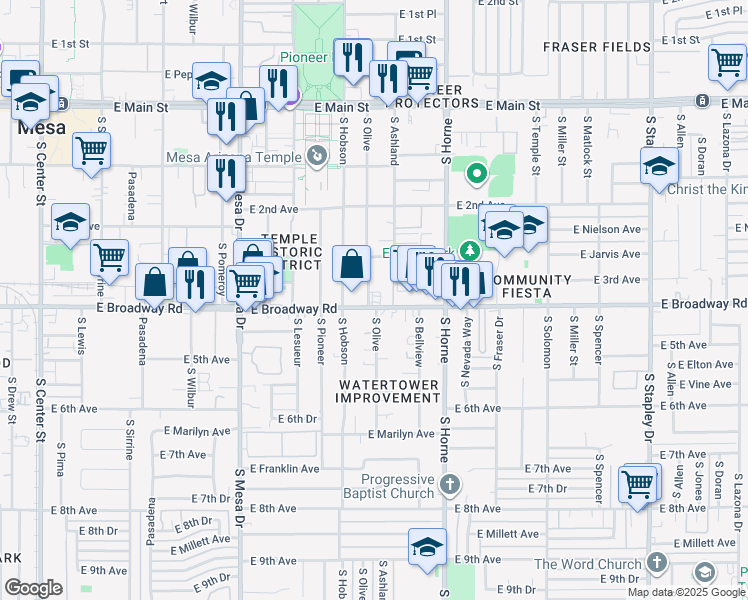 map of restaurants, bars, coffee shops, grocery stores, and more near 638 East Broadway Road in Mesa