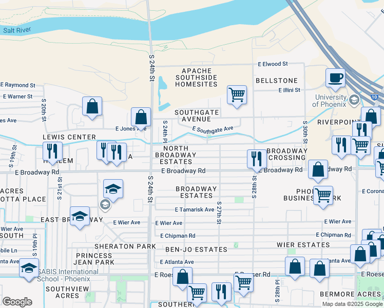 map of restaurants, bars, coffee shops, grocery stores, and more near 2526 East Pueblo Avenue in Phoenix