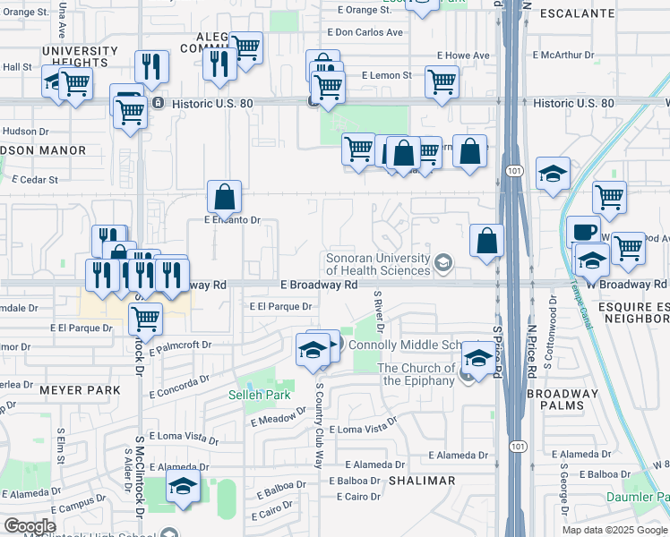 map of restaurants, bars, coffee shops, grocery stores, and more near 2020 East Broadway Road in Tempe