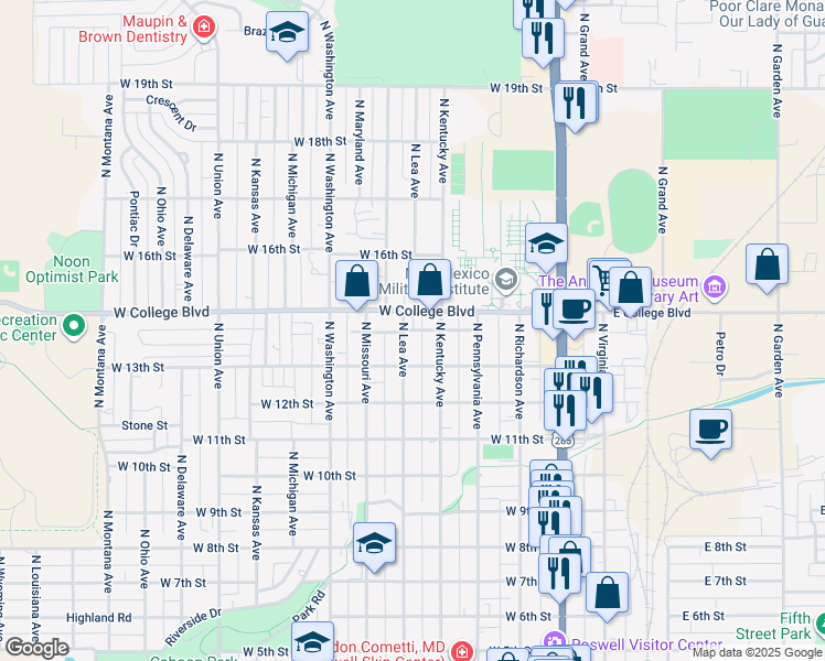 map of restaurants, bars, coffee shops, grocery stores, and more near 1312 North Lea Avenue in Roswell