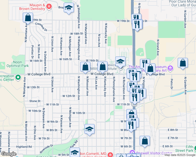 map of restaurants, bars, coffee shops, grocery stores, and more near 1312 North Lea Avenue in Roswell