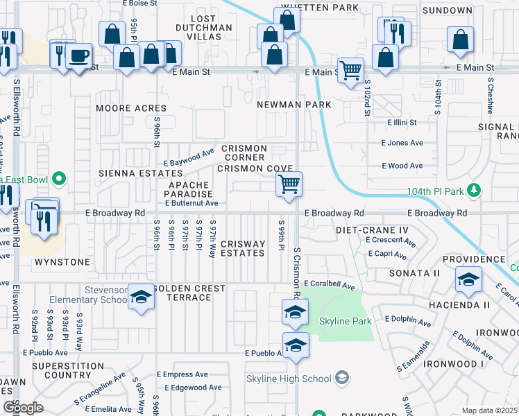 map of restaurants, bars, coffee shops, grocery stores, and more near 9860 East Broadway Road in Mesa