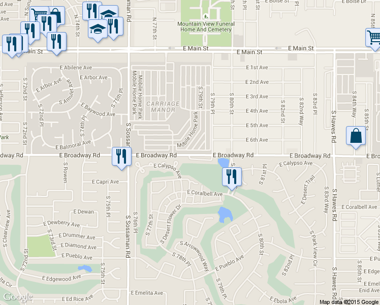 map of restaurants, bars, coffee shops, grocery stores, and more near 419 South 77th Way in Mesa