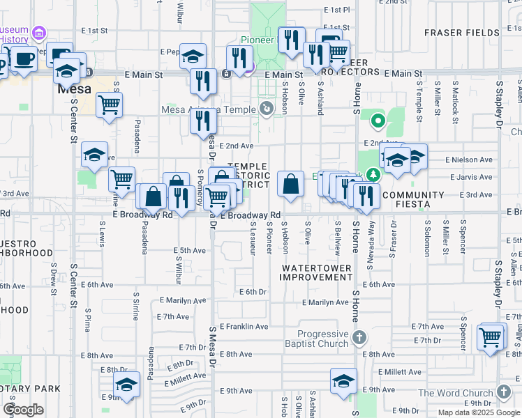 map of restaurants, bars, coffee shops, grocery stores, and more near 355 South Lesueur in Mesa