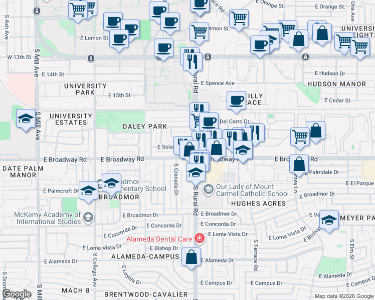 map of restaurants, bars, coffee shops, grocery stores, and more near in Tempe
